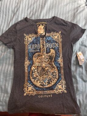 Hard Rock Cafe Black Tee with Gold and Blue Logo Tag